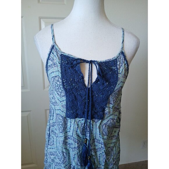 Solitaire Womens Blouse Top Navy & Green Crochet Sleeveless Tank w/ Tassels Boho - Picture 4 of 9